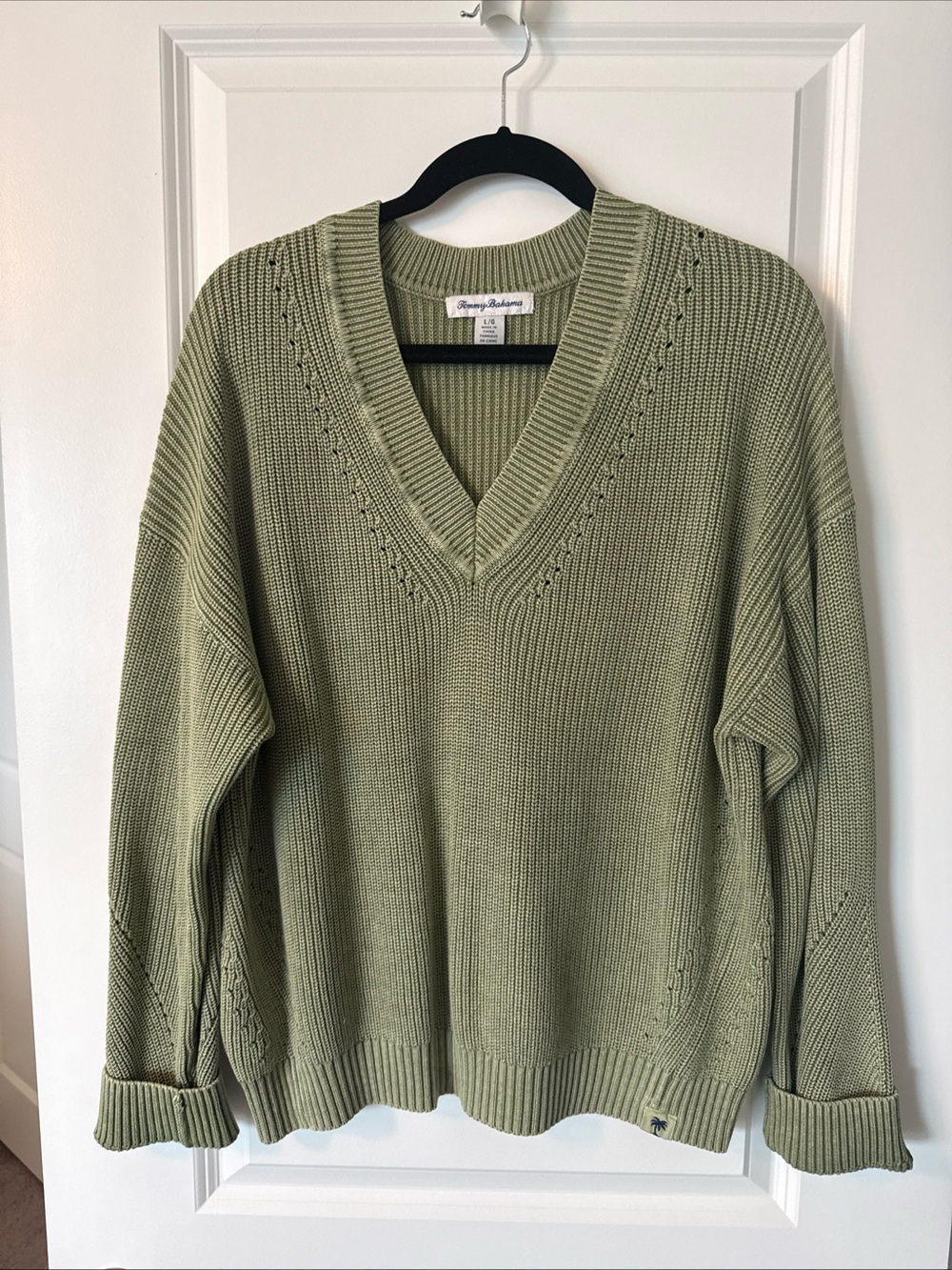 Tommy Bahama Salt & Sea Wash V-Neck Sweater Indigo Palms Green Cotton Womens  Lg